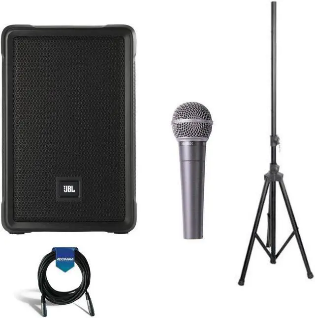Main image of JBL IRX108BT 8" Two-Way Portable Powered PA Loudspeaker with Bluetooth - Behringer ULTRAVOICE XM8500 Dynamic Cardioid Vocal Microphone - 6' Speaker Stand - 20' XLR Cable