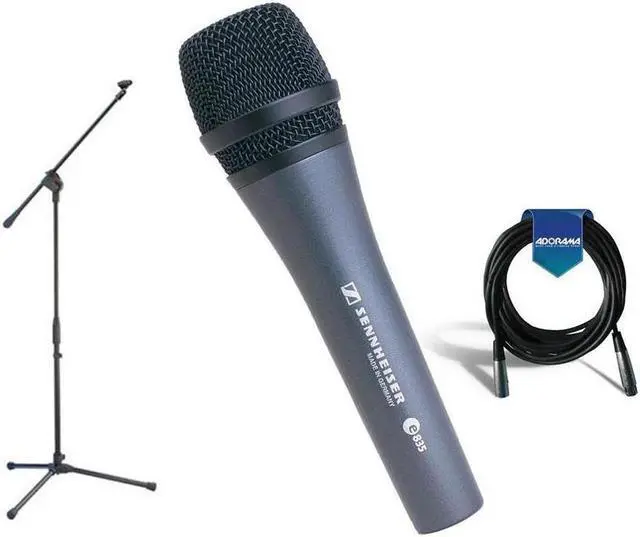 Main image of Sennheiser e 835 Wired Cardioid Handheld Dynamic Lead Vocal Stage Microphone with Clip - Bundle With Samson MK10 Lightweight Boom Mic Stand, 20' 6mm Rubber XLR Microphone Cable