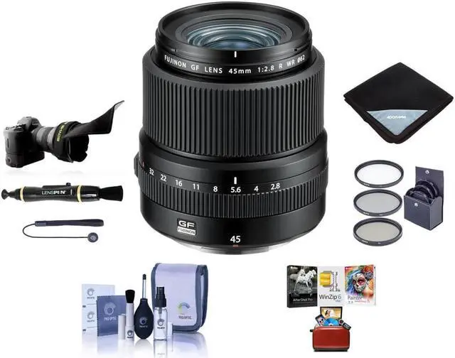 Main image of fujifilm fujinon gf 45mm f/2.8 r wr lens for gfx medium format system - bundle with 62mm filter kit, flex lens shade, lens wrap, lens pen cleaner, lens cap leash, cleaning kit, mac software package