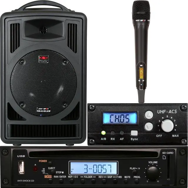 Main image of Galaxy Audio TV8 Traveler Portable Wireless PA Speaker System with Single Channel Receiver, Wireless Handheld Microphone, CD and MP3 Player with Remote Controller, Frequency 640 to 664MHz