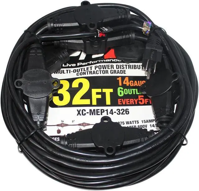 Main image of ProX XC-MEP14-326 32' 110V Male to 6 Socket 110V Female Power Cord 6 Outlet 14/3 Extension Cord, Black