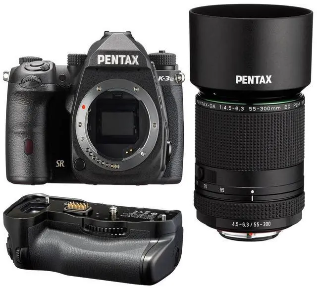 Main image of Pentax K-3 Mark III DSLR Camera, Black with 55-300mm Lens with Battery Grip