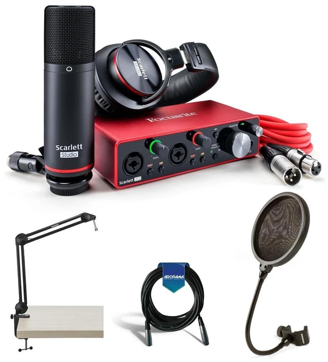 Main image of Focusrite Scarlett 2i2 Studio 4th Gen USB Interface with Microphone, Headphones and Software Suite, Bundle Broadcast Arm with Internal Springs and Integrated 10' XLR Cable & Pop Filter