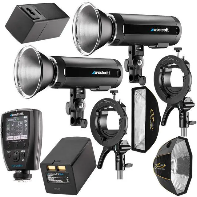 Main image of Westcott 2x FJ200 200Ws Strobe with DC Battery - Bundle With Westcott Wireless Flash Trigger, 2x Glow Round Flash S-type Bowen s Mount Bracket, Quick Strip Softbox, Quick Octa Large Softbox, And More