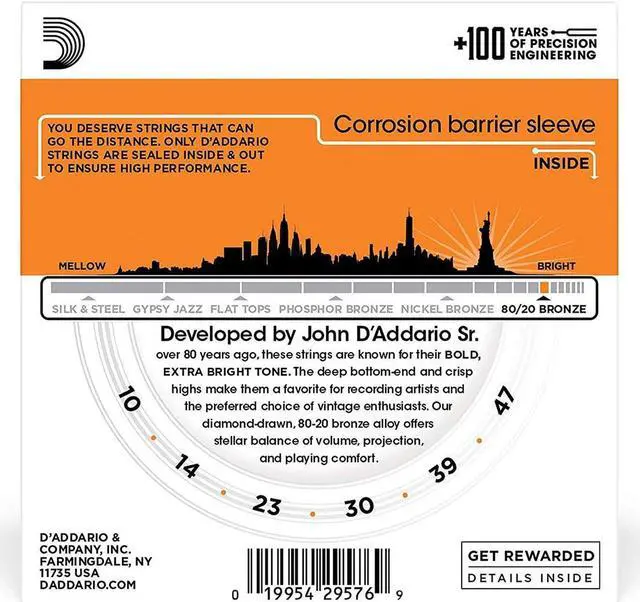 Alt view image 2 of 6 - D'Addario EJ10 80/20 Bronze Acoustic Guitar Strings Set, Extra Light, 10-47 Gauge, 3-Pack