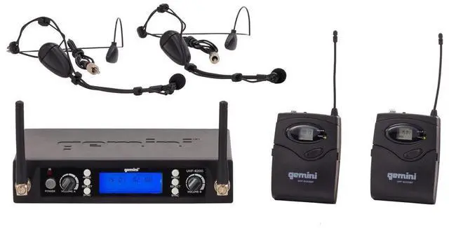 Main image of Gemini UHF-6200HL Dual Channel Wireless PLL System, Includes UHF Receiver, 2x Beltpack Transmitter and 2x Headset Lavalier Microphone