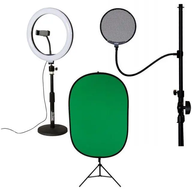 Main image of On-Stage VLD360 10" LED Ring Light Kit - With VSM3000 Green Screen Kit with Lighting Stand, ASVSM5-B Metal Pop Blocker  with 13" Flexible Gooseneck