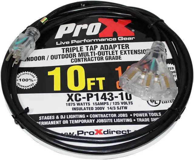 Main image of ProX XC-P143-10 10' 14AWG 110V to 110V Female Triple Tap Adapter Power Extension Cord