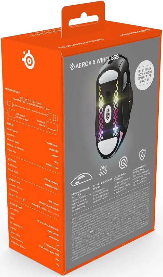 Alt view image 5 of 20 - SteelSeries Aerox 5 Wireless - Lightweight Wireless Gaming Mouse - 18000 CPI -- TrueMove Air Optical Sensor - Ultra-lightweight Water Resistant Design – 180+ Hour Battery Life