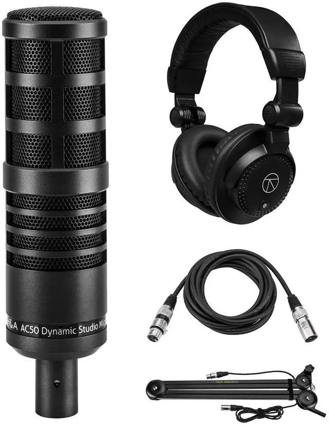 Main image of H&A AC50 Cardioid Dynamic Studio Broadcast Microphone, Bundle with TAPH100 Closed-Back Studio Monitor Headphones, H&A Broadcast Arm with Springs, 10-Foot XLR M to F Mic Cable