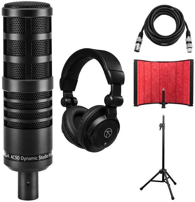 Main image of H&A AC50 Cardioid Dynamic Studio Broadcast Microphone, Bundle with TAPH100 Monitor Headphones, Studio Isolation Filter with Stand, 15' XLR M to F Cable