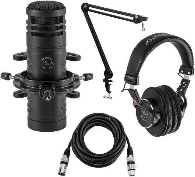 Main image of H&A AC60 Hypercardioid Dynamic Studio Broadcast Microphone, Bundle with TAPH100 Closed-Back Studio Monitor Headphones, Broadcast Arm with Springs, 10-Foot XLR M to F Mic Cable