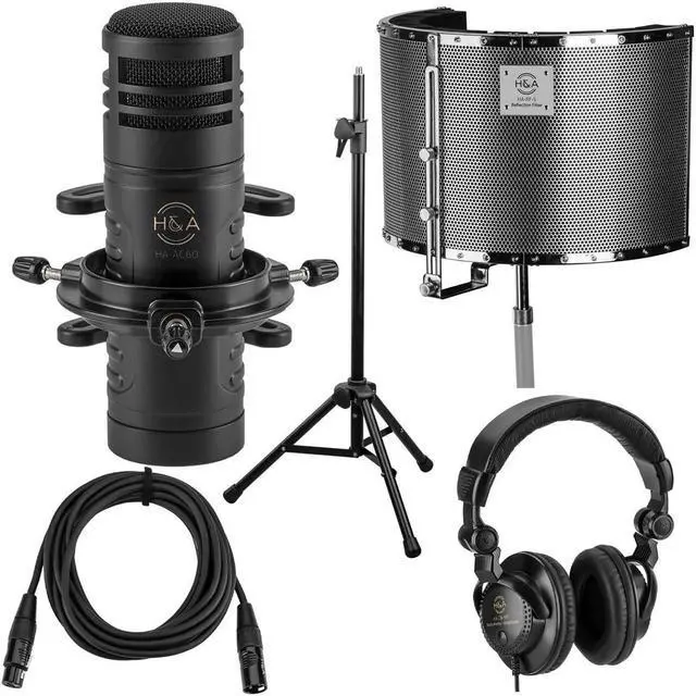 Main image of H&A AC60 Hypercardioid Dynamic Studio Broadcast Microphone Bundle with Studio Headphones, Reflection Filter with Tripod, 15-Foot XLR M to F Mic Cable