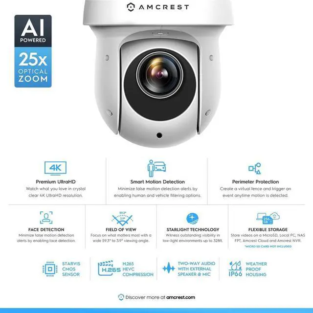 Alt view image 3 of 8 - Amcrest 4K (8MP) Outdoor PTZ POE + IP Camera Pan Tilt Zoom (Optical 25x Motorized) Human and Vehicle Detection AI, Perimeter Protection, 328ft Night Vision POE+ (802.3at) IP8M-2899EW-AI