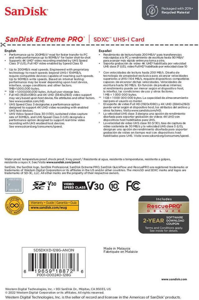 Alt view image 11 of 11 - SanDisk Extreme PRO 128 GB Class 3/UHS-I U3 V30 SDXC SDSDXXD128GANCIN