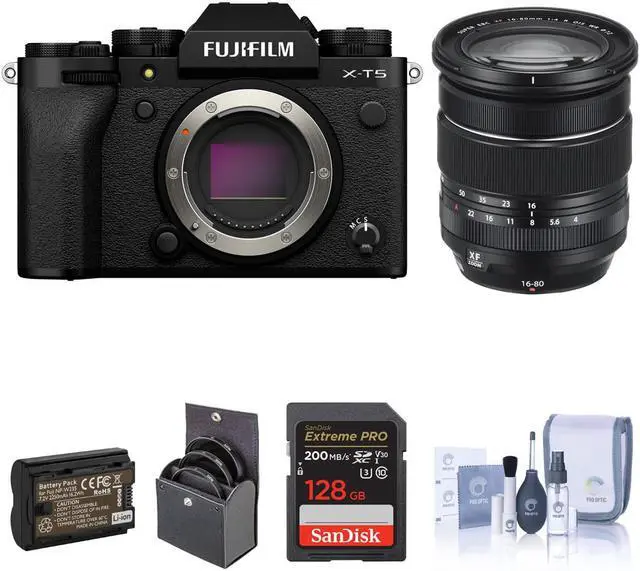 Main image of Fujifilm X-T5 Mirrorless Camera, Black with XF 16-80mm f/4.0 R OIS WR Lens, 128GB SD Card, Extra Battery, 72mm Filter Kit, Cleaning Kit