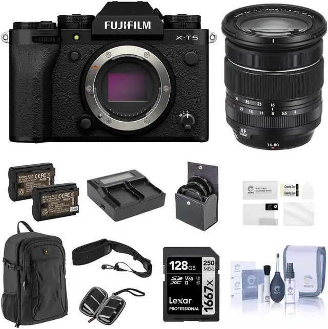 Main image of Fujifilm X-T5 Camera, Black w/ XF 16-80mm f/4.0 R OIS WR Lens & Accessory Kit