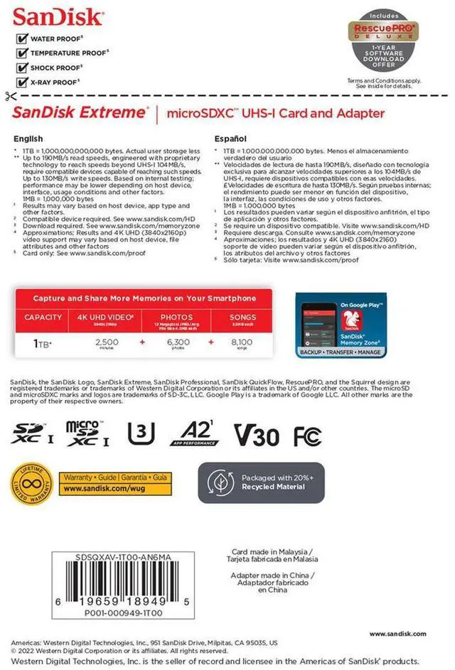Alt view image 9 of 17 - SanDisk 1TB Extreme Class 3/UHS-I (U3) V30 microSDXC 190 MB/s Read 130 MB/s Write