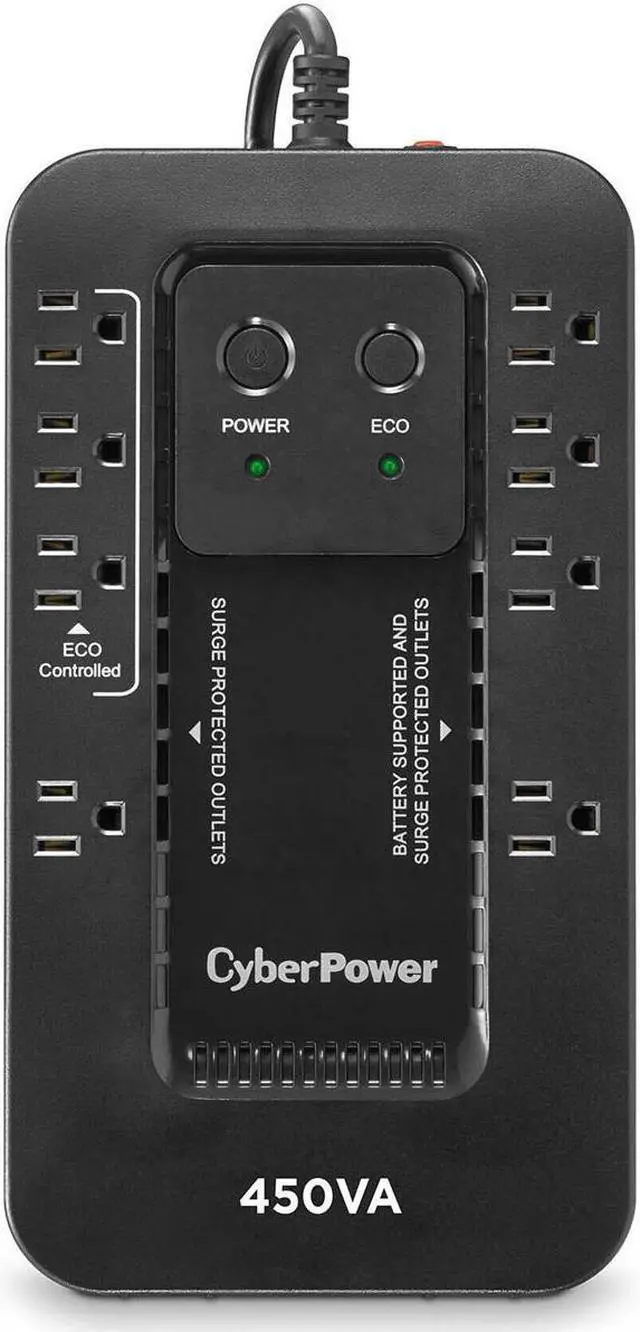 Alt view image 14 of 20 - CYBERPOWER EC450G - UPS - Compact - Standby - Output 120 VAC+/- 5% - 260Watt - 450VA - 10A - USB - Output 8 NEMA 5-15R - Sealed Lead-Acid Battery - Black