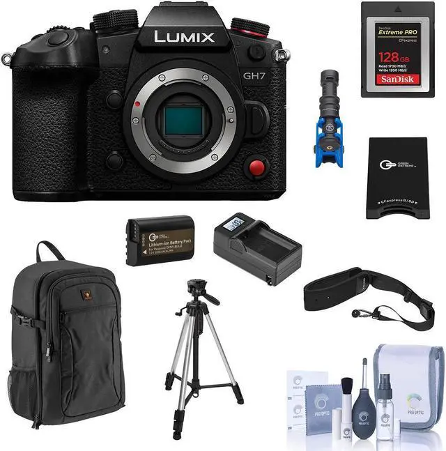 Main image of Panasonic LUMIX GH7 Mirrorless Camera, Bundle with 128GB Memory Card, Al 3-Section Tripod, Shotgun Microphone and Backpack