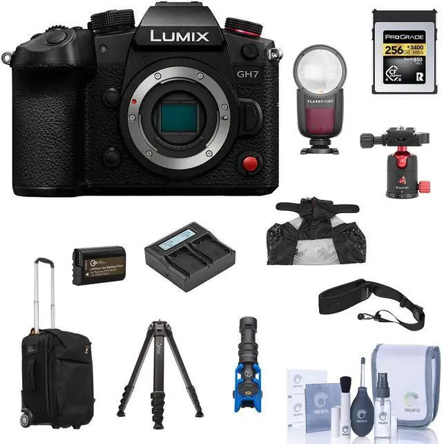 Main image of Panasonic LUMIX GH7 Mirrorless Camera, Bundle with 256GB Memory Card, Al 4-Section Tripod, Shotgun Microphone and TTL Flash Speedlight