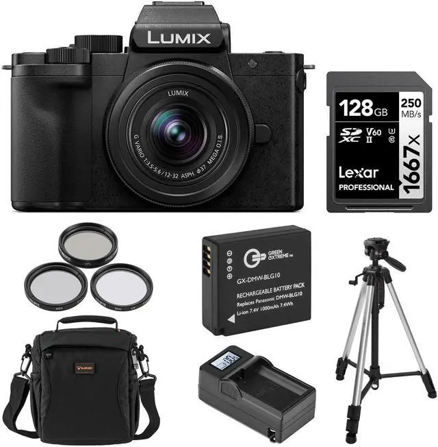 Main image of Panasonic LUMIX DC-G100D Mirrorless Camera with G Vario 12-32mm f/3.5-5.6 ASPH OIS Lens, Bundle with 128GB Memory Card, Al Tripod and Filter Kit