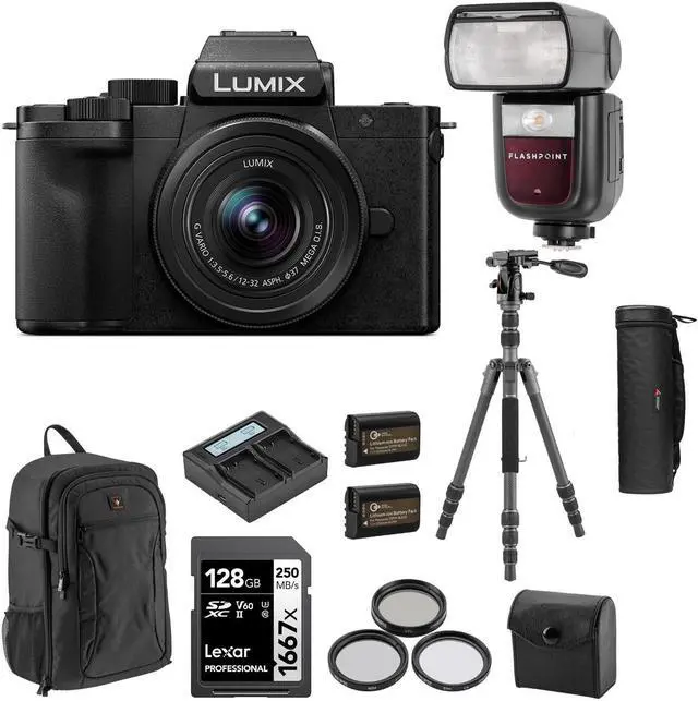 Main image of Panasonic LUMIX DC-G100D Mirrorless Camera with G Vario 12-32mm f/3.5-5.6 ASPH OIS Lens, Bundle with TTL Speedlight Flash, Al Travel Tripod and Backpack
