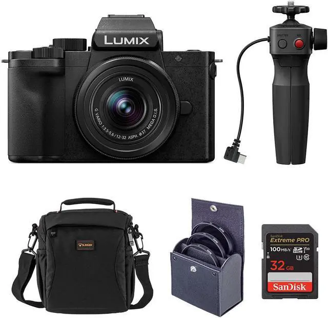 Main image of Panasonic LUMIX DC-G100D Mirrorless Camera with G Vario 12-32mm f/3.5-5.6 ASPH OIS Lens and Tripod Grip, Bundle with 32GB SDHC Memory Card, 37mm Filter Kit and Shoulder Bag