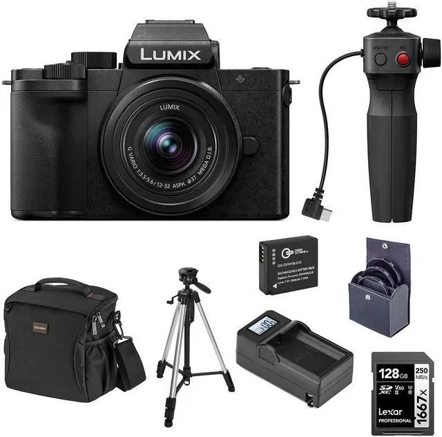 Main image of Panasonic LUMIX DC-G100D Mirrorless Camera with G Vario 12-32mm f/3.5-5.6 ASPH OIS Lens and Tripod Grip, Bundle with Tripod, Battery, 128GB Memory Card, Charger
