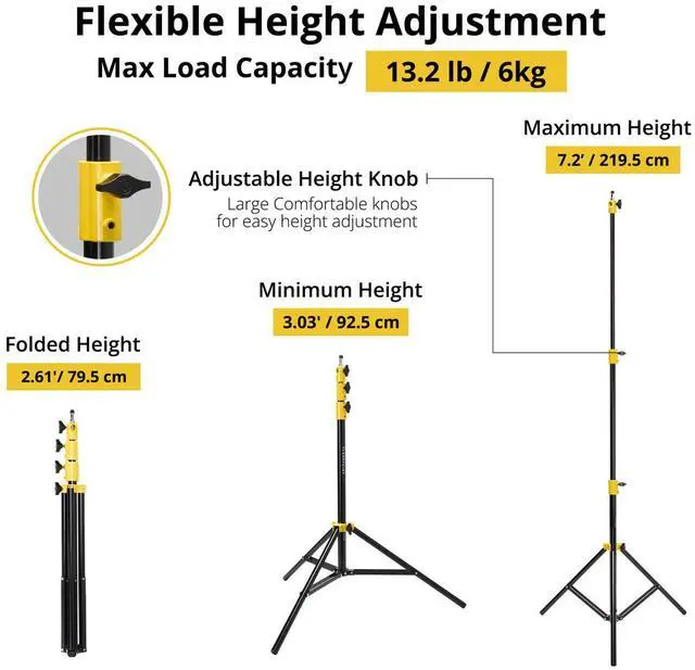 Alt view image 3 of 7 - Flashpoint Pro Air-Cushioned Heavy-Duty Light Stand (Yellow, 7.2') #FP-S-7-YL-V2