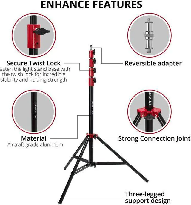 Alt view image 5 of 5 - Profoto B10X Plus Off Camera Flash Head, Bundle with Flashpoint Pro Air-Cushioned Heavy-Duty Light Stand, Red/9.5'
