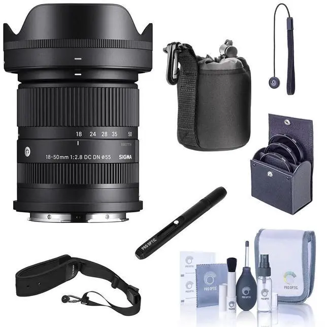 Main image of Sigma 18-50mm f/2.8 DC DN Contemporary Lens for Sony E - Bundle With 55mm Filter Kit, Lens Case, Lens Cleaner, Cleaning kit, Movo Sling Strap, Cap Tether