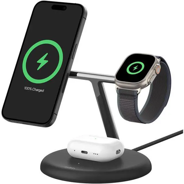 Alt view image 12 of 12 - Belkin BoostCharge Pro Cradle - Wireless - iPhone, Apple Watch, AirPods - 3 Slot - Qi2 - Charging Capability - Black