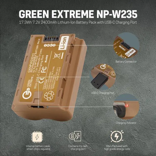 Alt view image 6 of 7 - Green Extreme NP-W235 2250mAh Lithium-Ion Rechargeable Battery #GX-NP-W235K2