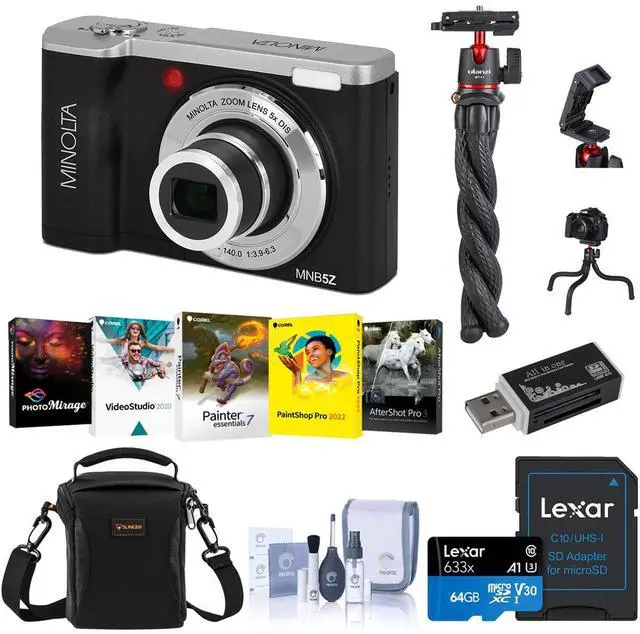 Main image of Minolta Minolta MNB5Z 56MP 5K Ultra HD 2.8" LCD Screen Digital Camera, Black, Bundle with Shoulder Bag, 64GB Memory Card, Tripod, Cleaning Kit, PC Software Kit