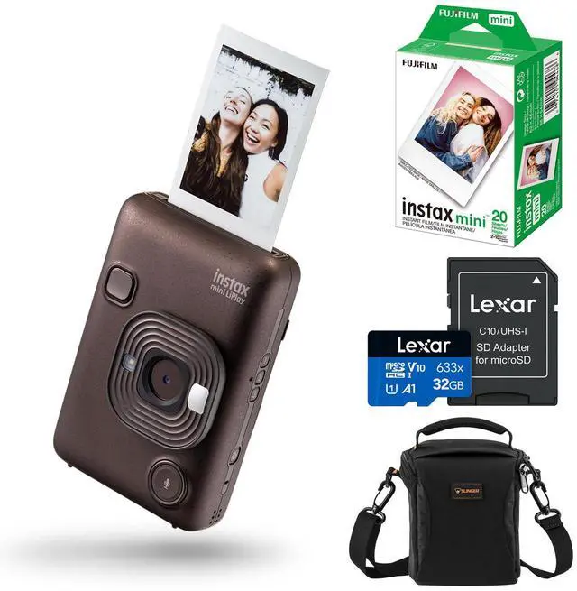 Main image of Fujifilm Instax Mini LiPlay Hybrid Instant Camera, Deep Bronze, Bundle with 20 Exposures Film Pack, 32GB UHS-I microSDHC Memory Card and Shoulder Bag