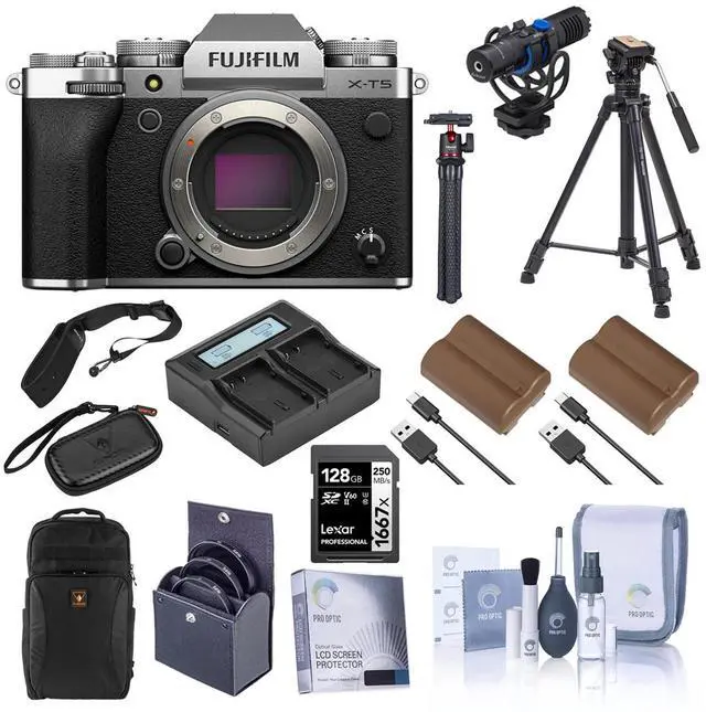Main image of Fujifilm X-T5 Mirrorless Camera, Silver with XF 16-50mm f/2.8-4.8 R LM WR Lens, Bundle with 128GB SD Card, Backpack, 2x Battery, Smart Charger, Charger Plate, Tripod, Mic, 58mm Filter Kit
