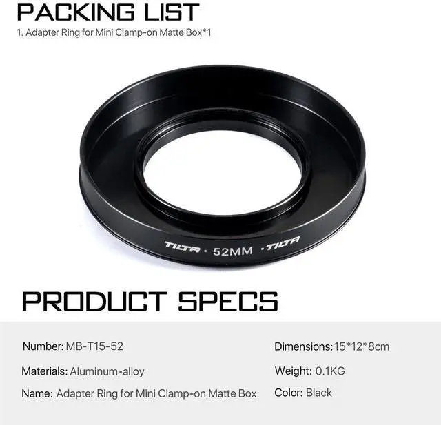 Alt view image 3 of 6 - Tilta 52mm Adapter Ring for Mini Clamp-On Matte Box, Black #MB-T15-52