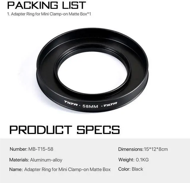 Alt view image 3 of 6 - Tilta 58mm Adapter Ring for Mini Clamp-On Matte Box, Black #MB-T15-58