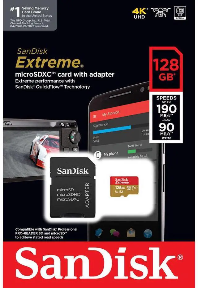 Alt view image 10 of 18 - SanDisk Extreme 128 GB Class 3/UHS-I (U3) V30 microSDXC - 190 MB/s Read - 90 MB/s Write SDSQXAA-128G-AN6MA
