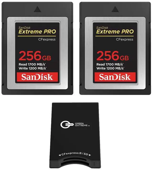 Main image of SanDisk Extreme PRO 256GB CFexpress Type-B Memory Card, 2-Pack, Bundle with Green Extreme Dual-Slot Memory Card Reader