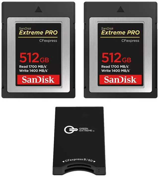 Main image of SanDisk Extreme PRO 512GB CFexpress Type-B Memory Card, 2-Pack, Bundle with Green Extreme Dual-Slot Memory Card Reader
