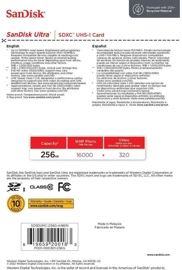 Alt view image 7 of 7 - SanDisk Ultra 256 GB Class 10/UHS-I U1 SDXC SDSDUNC256GAN6IN