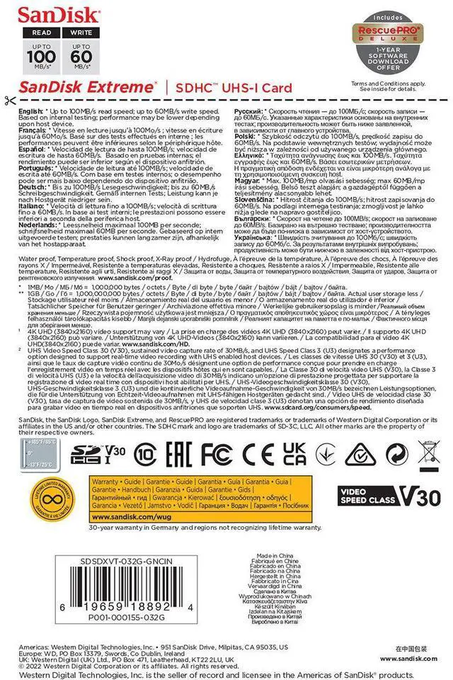 Alt view image 7 of 7 - SanDisk 32GB 32G extreme SDHC 100 MB/s 60 MB/s SDSDXVT-032G-GNCIN Class 10 UHS V30