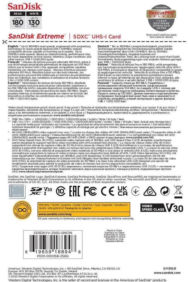 Alt view image 9 of 9 - SanDisk Extreme 256 GB Class 3/UHS-I (U3) SDXC - 180 MB/s Read - 130 MB/s Write - SDSDXVV-256G-ANCIN