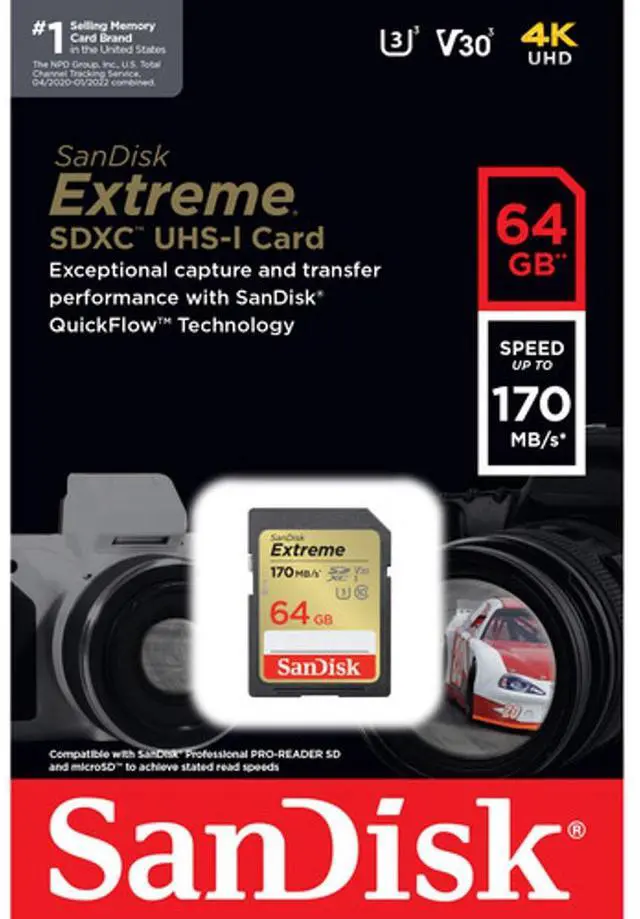 Alt view image 3 of 4 - SanDisk Extreme 64 GB Class 10/UHS-I (U3) V30 SDXC - 170 MB/s Read - 80 MB/s Write - SDSDXV2-064G-ANCIN