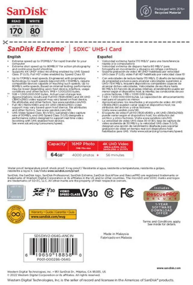 Alt view image 4 of 4 - SanDisk Extreme 64 GB Class 10/UHS-I (U3) V30 SDXC - 170 MB/s Read - 80 MB/s Write - SDSDXV2-064G-ANCIN