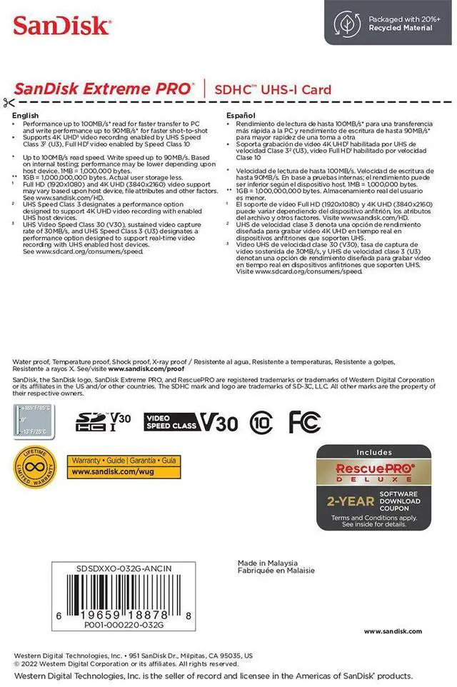 Alt view image 7 of 7 - SanDisk 32GB Extreme PRO UHS-I SDHC Memory Card SDSDXXO032GANCIN