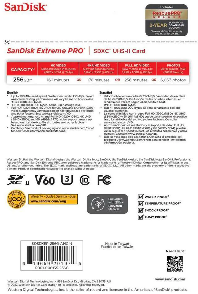 Alt view image 6 of 8 - SanDisk Extreme PRO 256GB Class 10/UHS-II U3 V60 SDXC SDSDXEP256GANCIN