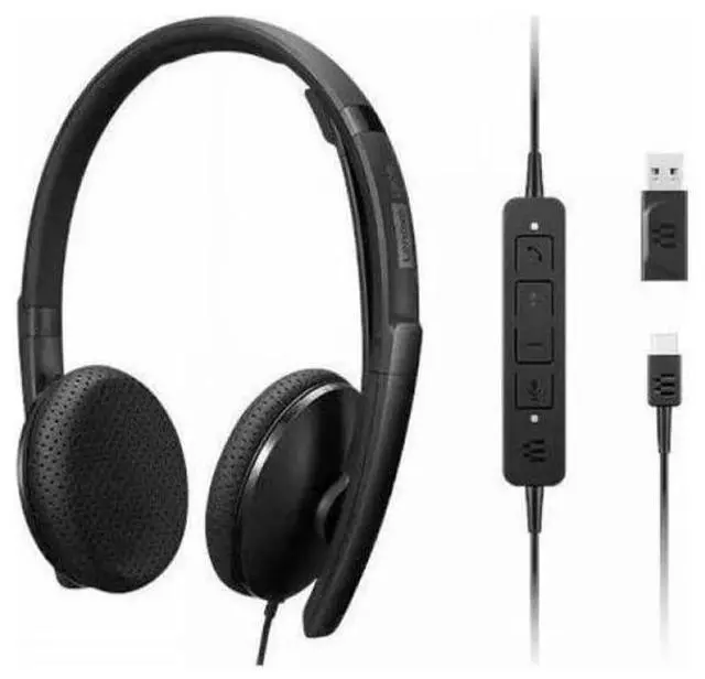 Alt view image 16 of 16 - Lenovo Wired VoIP Headset (UC) - Stereo - USB Type C - Wired - 2.2 Kilo Ohm - 20 Hz - 20 kHz - On-ear, Over-the-head - Binaural - Supra-aural - 5.86 ft Cable - Noise Cancelling Microphone - Black
